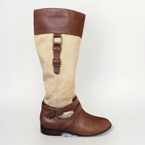 Anthropologie Women Leather Canvas Tall Riding Boots Size 7.5 Equestrian Harness